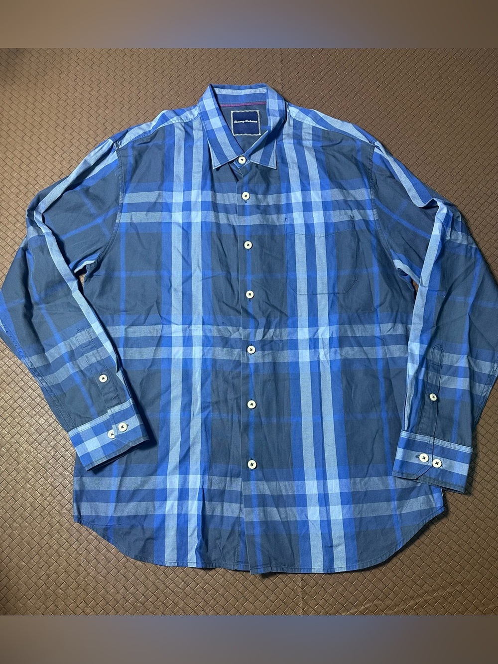Tommy Bahama Hawaiian Plaid Blue Button Casual Shirt Cotton Size Large